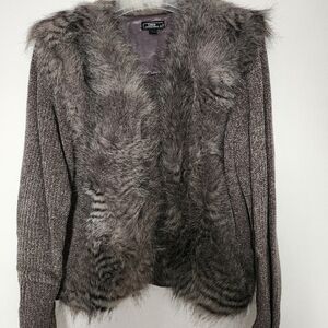 Lux Textured Gray Cardigan with Faux Fur